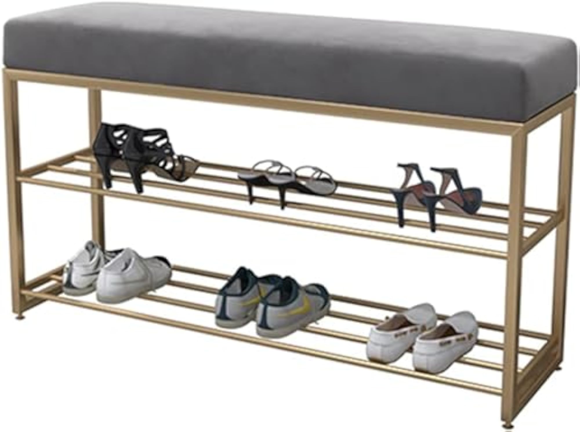 2 Tier Entryway Shoe Storage Rack with Padded Cushion Seat - Grey